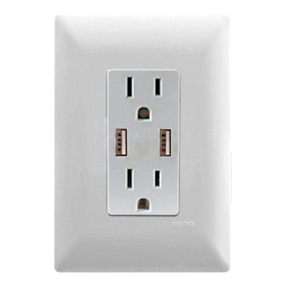 CONTACTO DUPLEX 2P+T CON 2 CONECT USB 2.1 AMP CON PLACA SILVER
