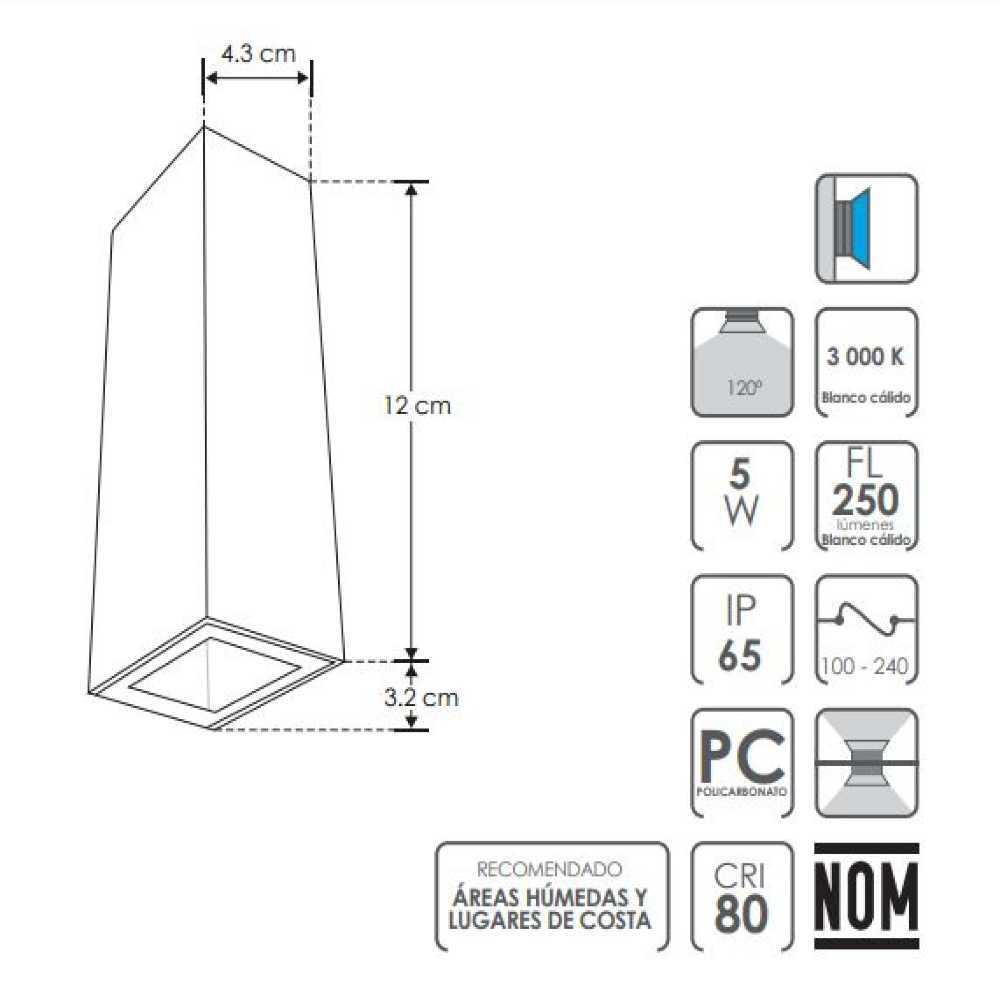 LUMINARIO PARED LED BLANCO CALIDO 5W RECTANGULAR 2 SALIDAS LUZ SOBREPONER NEGRO 85-265VCA IP65