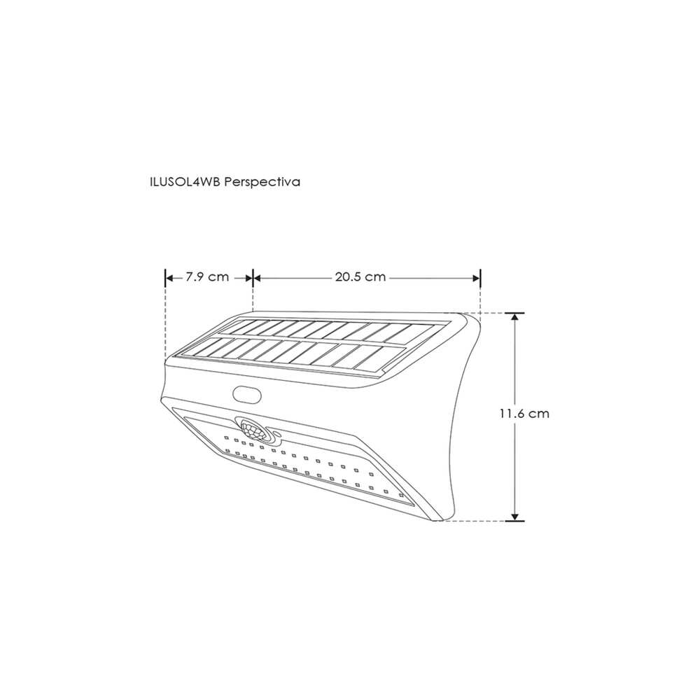 LUMINARIO SOLAR LED PARED NEGRO 4W 120 LUZ BLANCO CALIDO CON SENSOR HUMANO Y OBSCURIDAD BATERIA LITIO 3.7V 2200MAH REMPLAZABLE IP44 ILUMILEDS