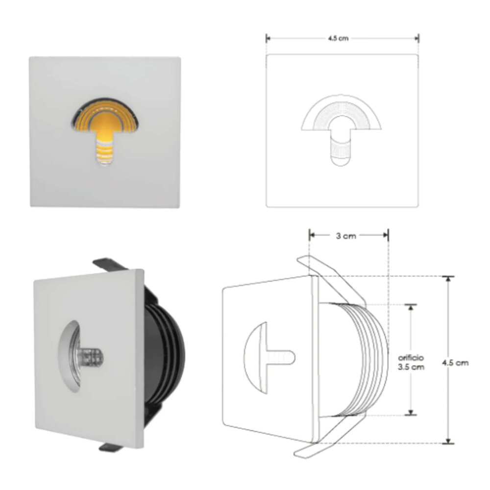 LUMINARIO DE PARED EMPOTRAR SEMICIRCULAR LED BLANCO 2.5W BLANCO CALIDO SALIDA PUNTUAL 85-265V IP20 ILUMILEDS
