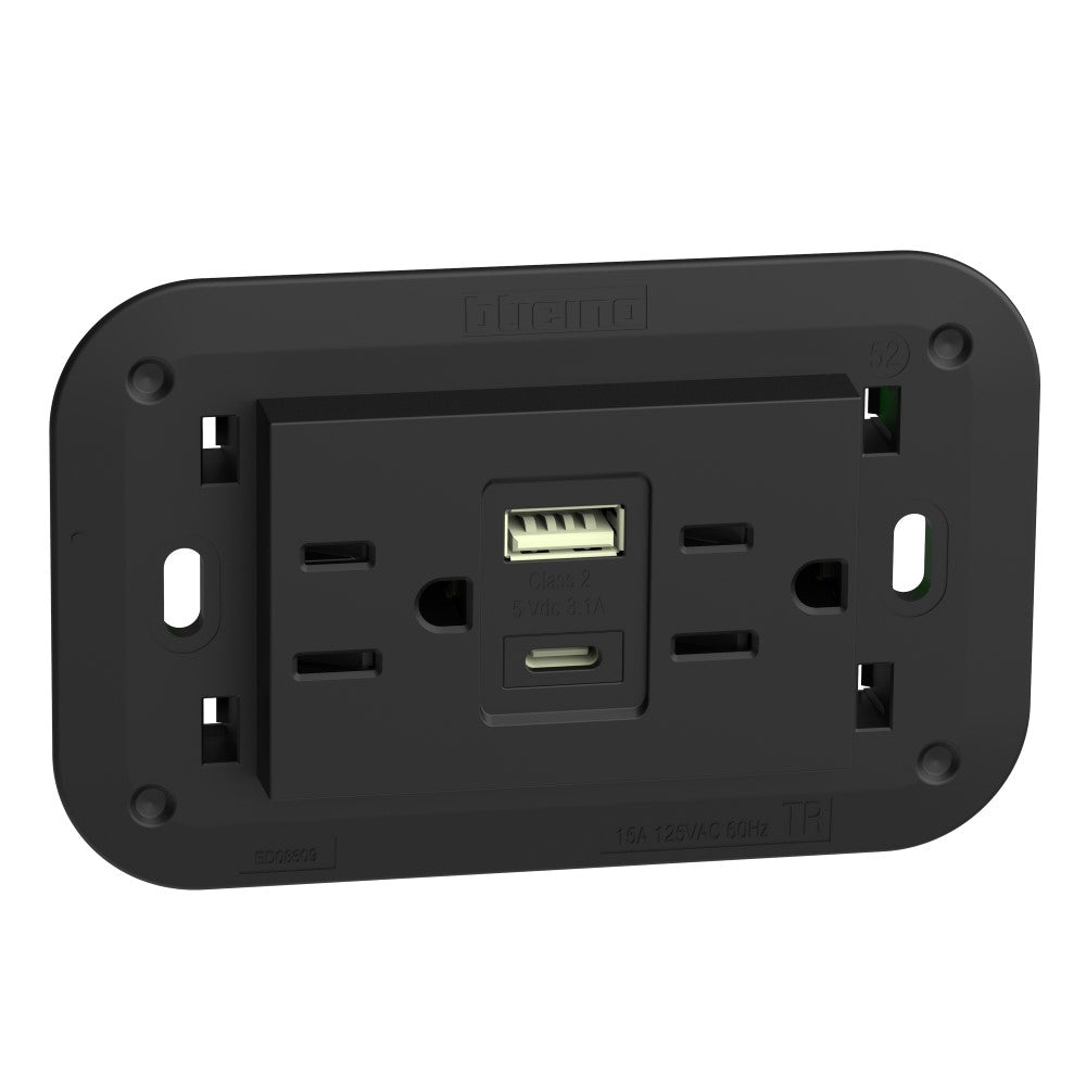 TOMA DE CORRIENTE DUPLEX 2P+T CON 2 USB A+C COLOR NEGRO 3 MOD. 3.1A INCLUYE CHASIS 127V.