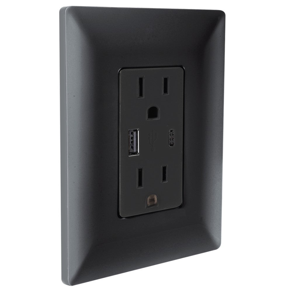 TOMA DE CORRIENTE DUPLEX 2P+T CON 2 USB A+C COLOR NEGRO 3 MOD. 3.1A INCLUYE CHASIS 127V.