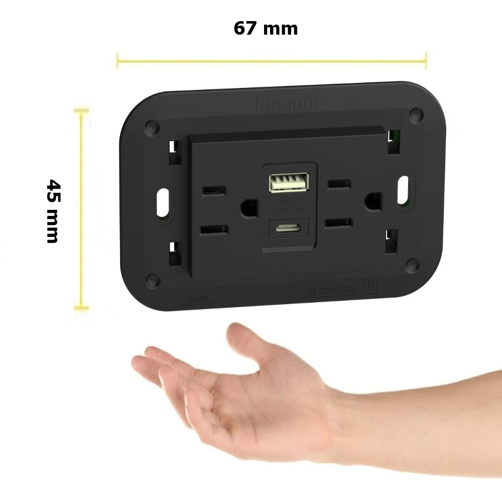 TOMA DE CORRIENTE DUPLEX 2P+T CON 2 USB A+C COLOR NEGRO 3 MOD. 3.1A INCLUYE CHASIS 127V.