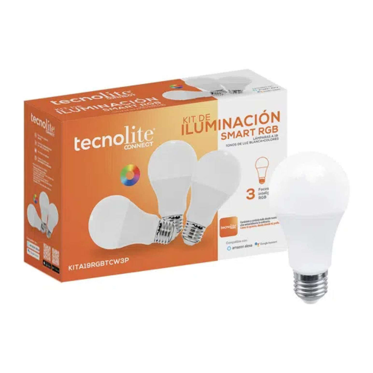 KIT DE TRES FOCOS LED TECNOLITE SMART RGB 8W LUZ RGB Y BLANCA BASE E27 COMPATIBLE CON APP MÓVIL Y ASISTENTES DE VOZ