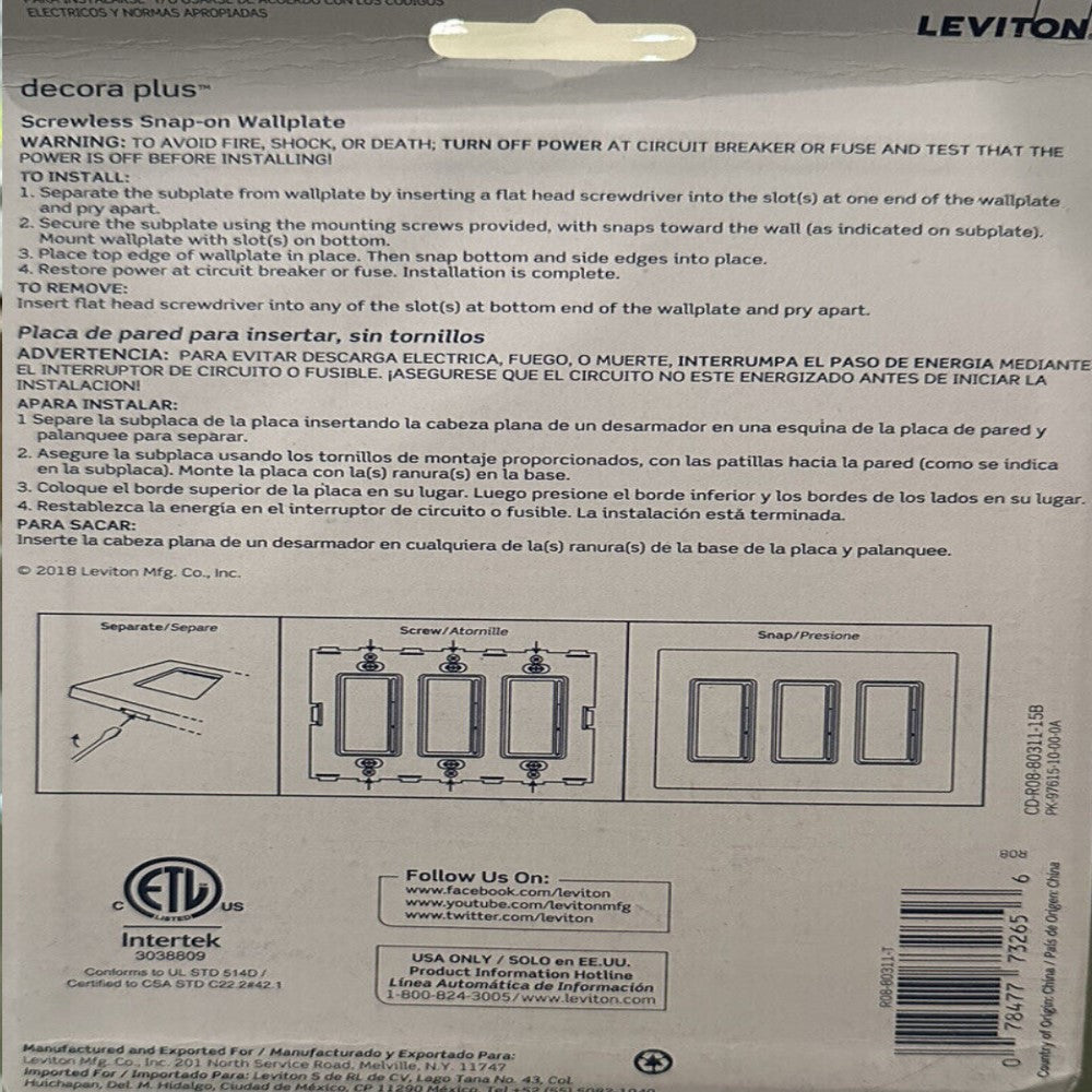 KIT DE 4 PLACAS DECORA PLUS DE 3 MODULOS COLOR BLANCO LEVITON