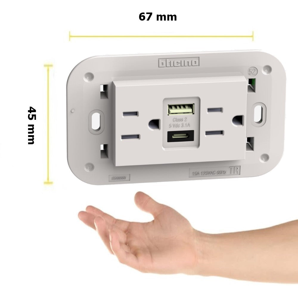 TOMA DE CORRIENTE DUPLEX 2P+T CON 2 USB A+C COLOR ARENA 3 MOD. 3.1A INCLUYE CHASIS 127V.