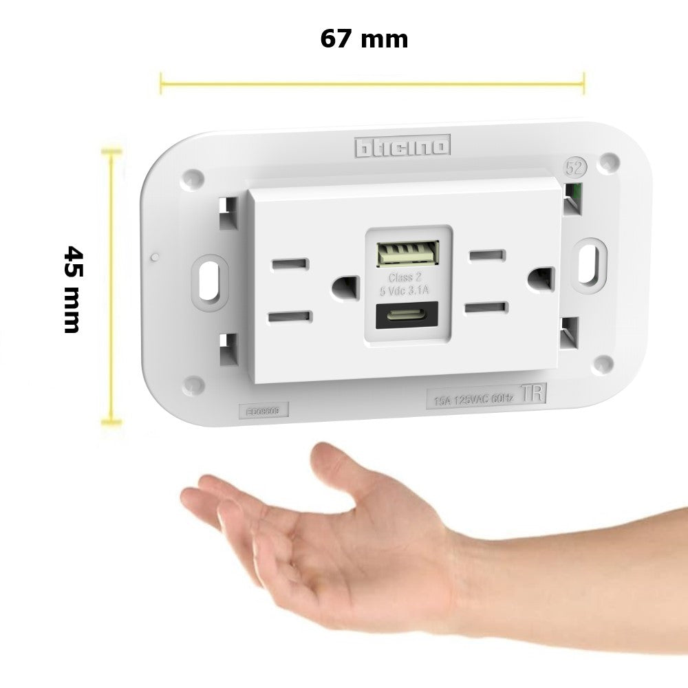 TOMA DE CORRIENTE DUPLEX 2P+T CON 2 USB A+C COLOR BLANCO 3 MOD. 3.1A INCLUYE CHASIS 127V.