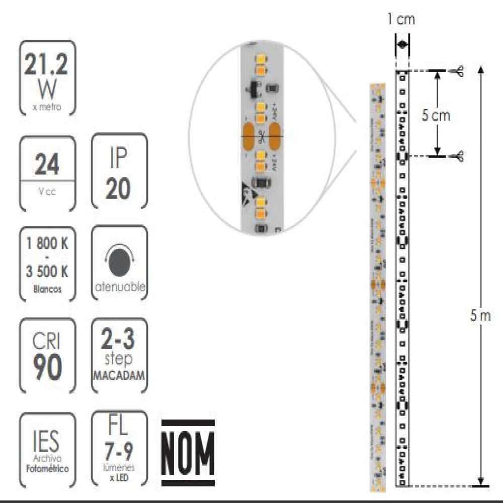 TIRA EXTRAPLANA LED 2216 240 LEDS POR METRO ATENUACION PWM 1800-3500K 21.2W POR METRO 120 CON AUTOADHESIVO 3M CRI90 DOBLE CARA 24V IP20 ILUMILEDS ***REQUIERE FUENTE TIPO CP O FP***