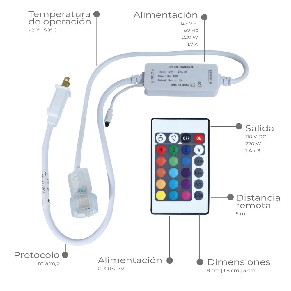 CONTROLADOR PARA MANGUERA DE ALTO VOLTAJE RGB MLED-CONTROL-RGB-127V MCA TECNOLITE