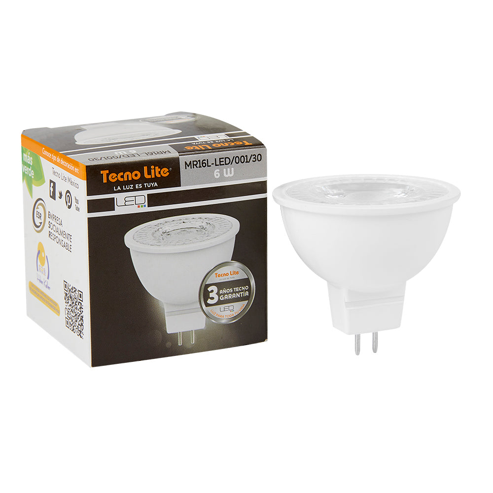 FOCO LED TECNOLITE TIPO MR16 6W LUZ SUAVE CÁLIDA BASE GX5.3