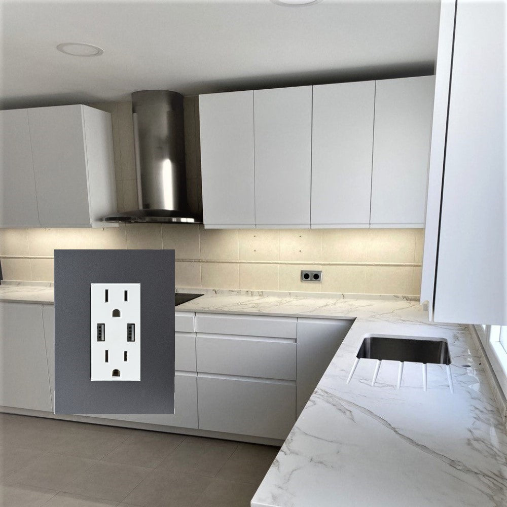 CONTACTO DÚPLEX ESTEVEZ ZENIT 2 POLOS CON TIERRA Y 2 CONTACTOS USB BLANCO CON PLACA ANTRACITA