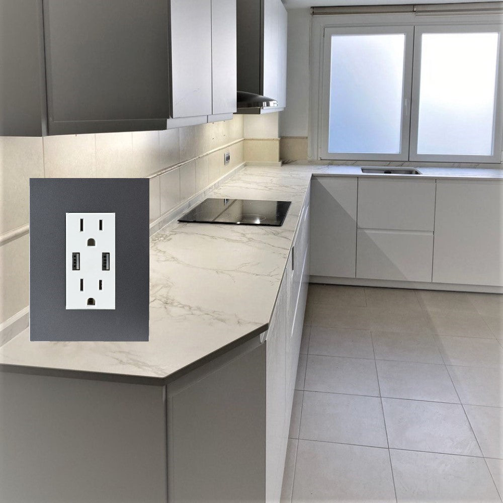 CONTACTO DÚPLEX ESTEVEZ ZENIT 2 POLOS CON TIERRA Y 2 CONTACTOS USB BLANCO CON PLACA ANTRACITA