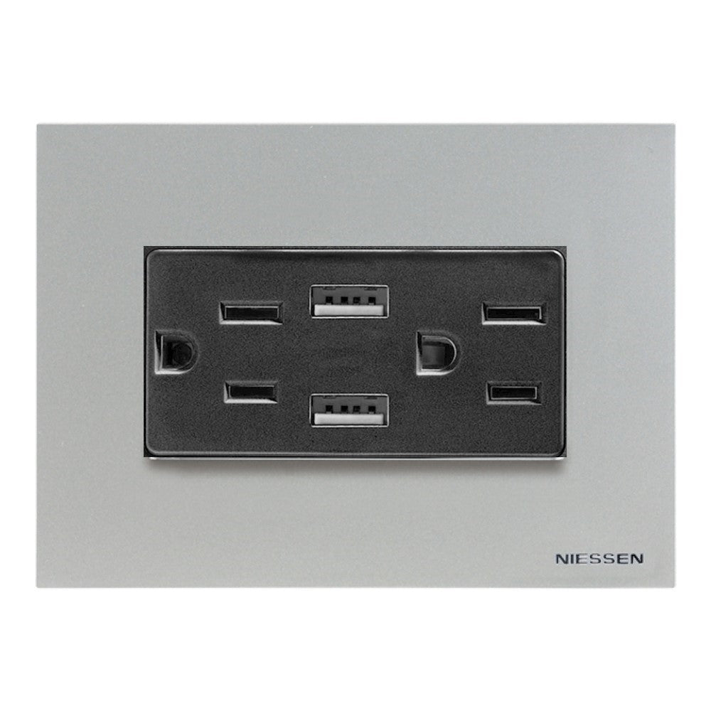 CONTACTO DUPLEX + 2XUSB 2.1 AMP C/PLACA PLATA Y MECANISMO ANTRACITA