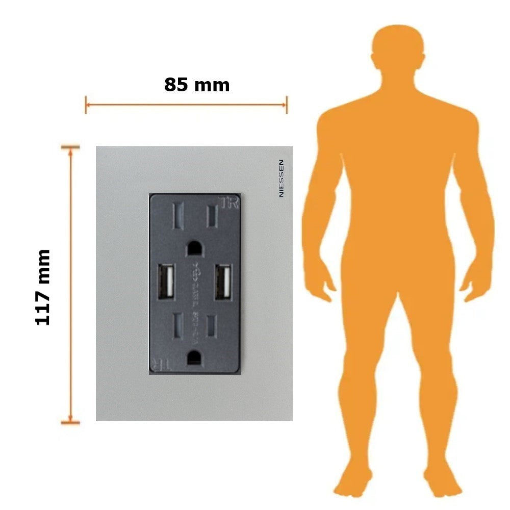 CONTACTO DUPLEX + 2XUSB 2.1 AMP C/PLACA PLATA Y MECANISMO ANTRACITA