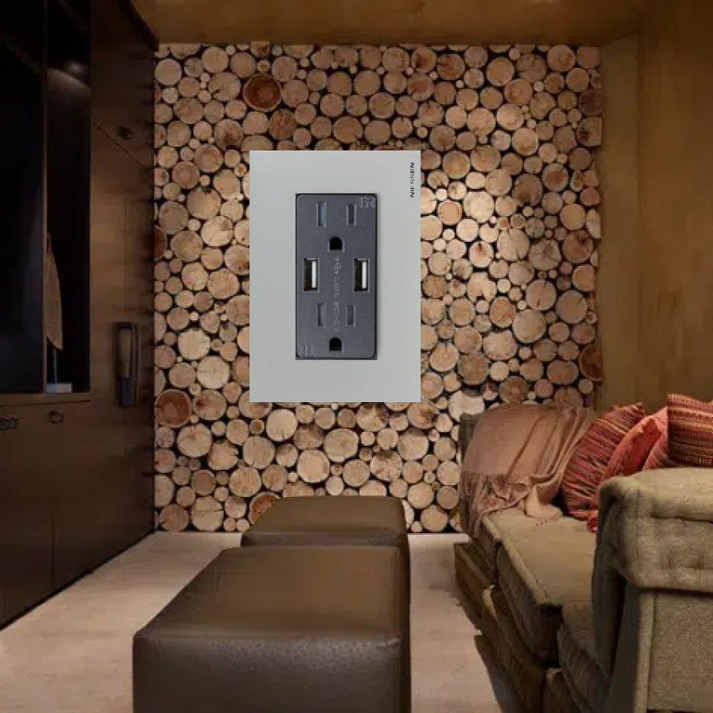 CONTACTO DUPLEX + 2XUSB 2.1 AMP C/PLACA PLATA Y MECANISMO ANTRACITA