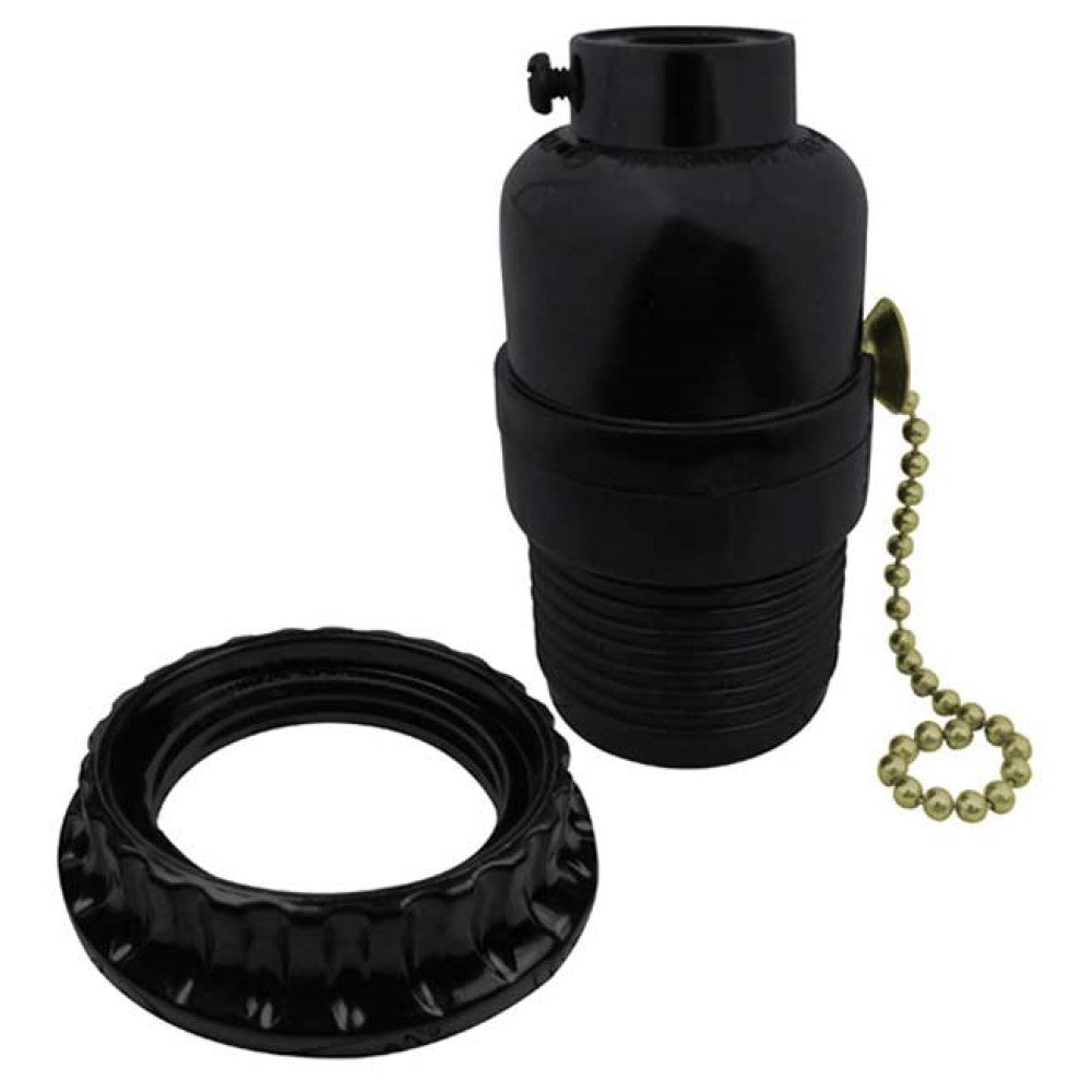 PORTALAMPARA CON APAGADOR DE CADENA Y CONTRATUERCA E26 NEGRO