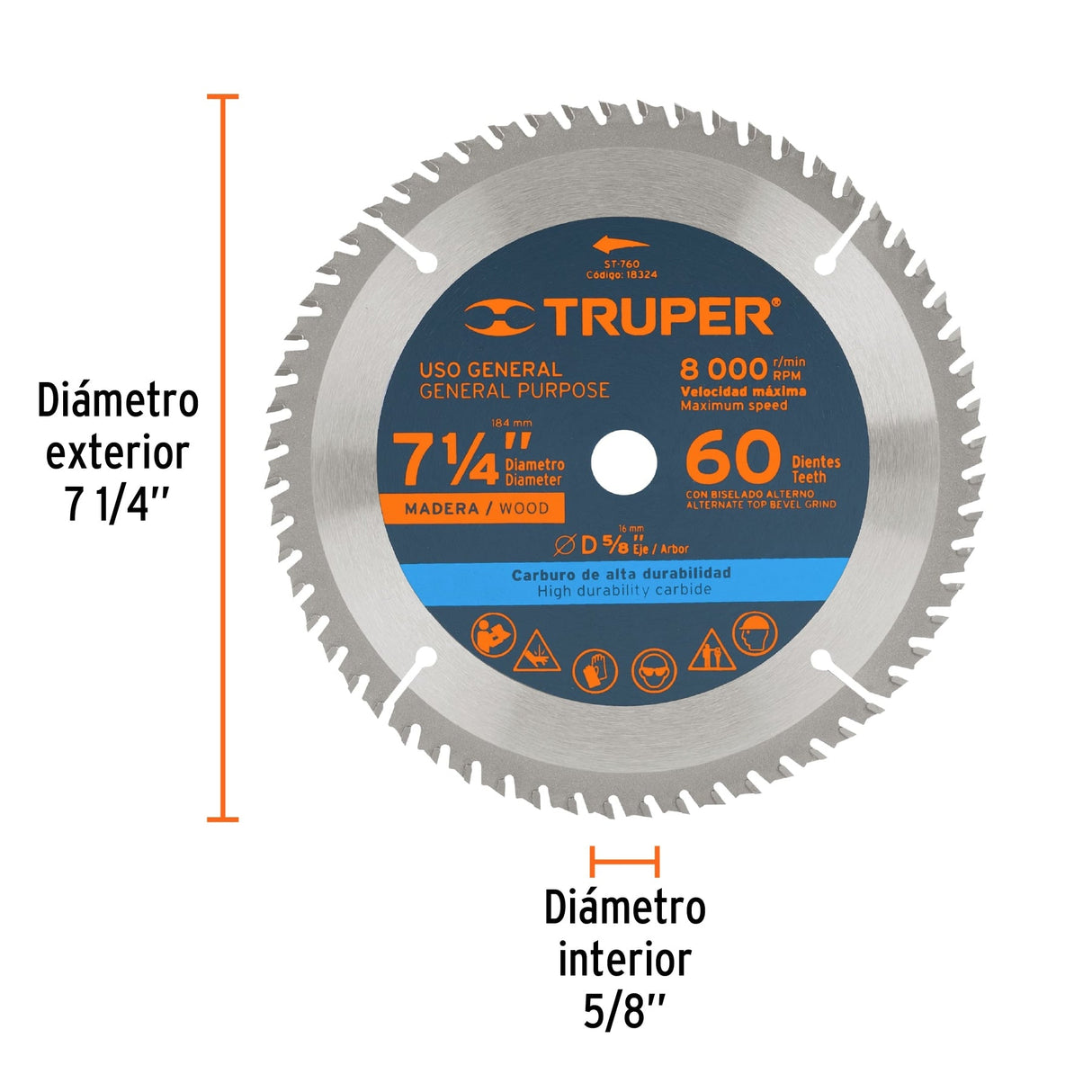 DISCO SIERRA 7-1/4" PARA MADERA 60 DIENTES CENTRO 5/8" ST-760 18324 TRUPER
