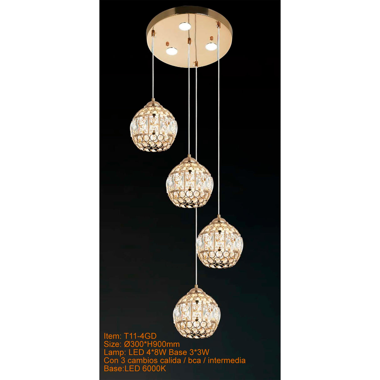 CANDIL LED 4 ESFERAS COLOR ORO 4X8W CON CAMBIO EN LUZ CALIDA/BCA/INTERMEDIA BASE 3.3W IIDSA