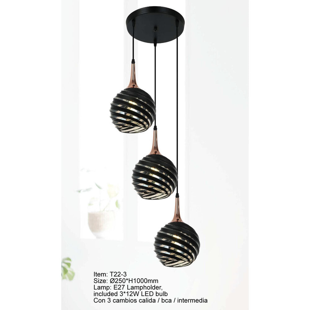 LUM COLGANTE LED TRIPLE E27 36W 3 CAMBIOS DE LUZ NEGRO