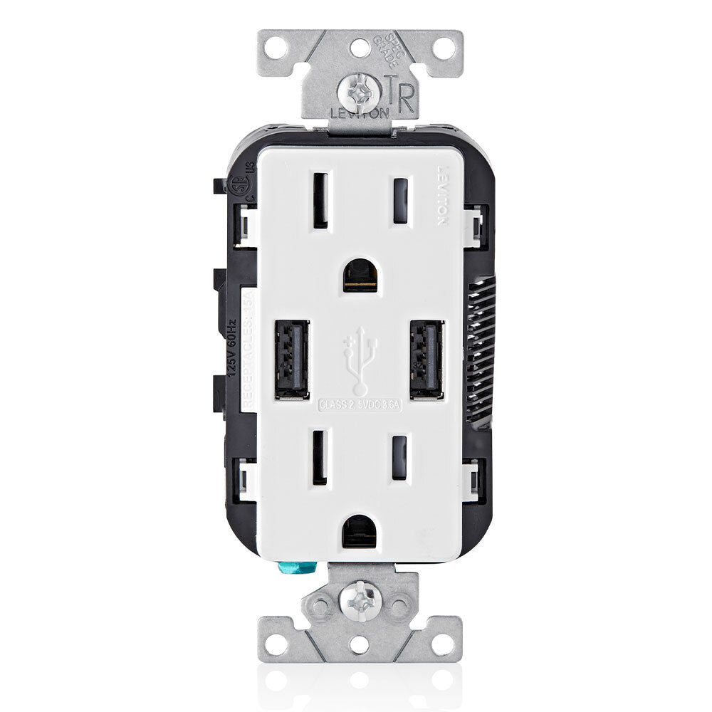 RECEPTACULO DUPLEX DECORA TAMPER RESISTANT 2 PTOS USB 3.6A 15A 125V 2P3H BCO S/ PLACA