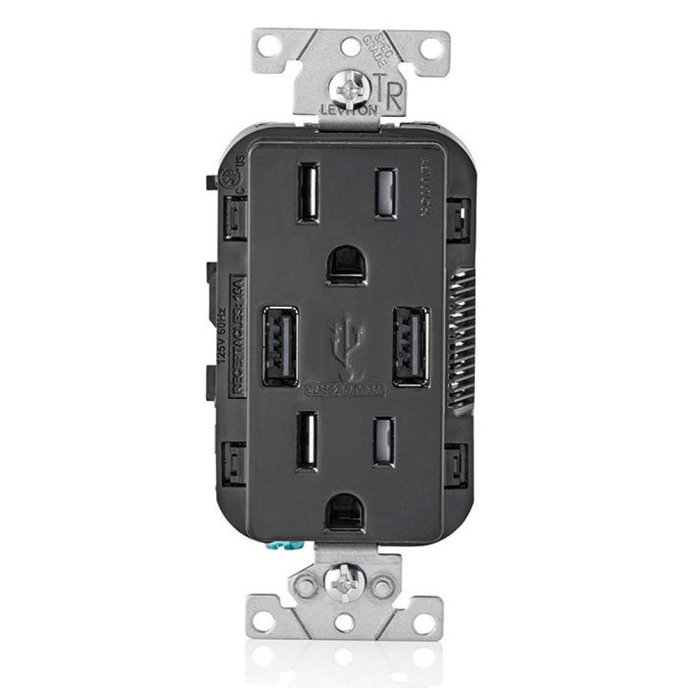 REPTACULO DUPLEX TR CON USB 15A 125V 2P 3H NEGRO