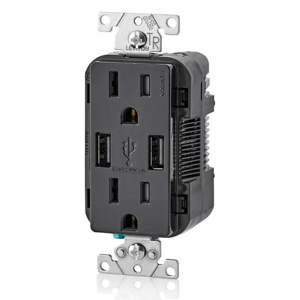 REPTACULO DUPLEX TR CON USB 15A 125V 2P 3H NEGRO