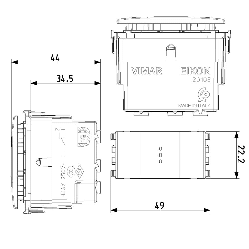 INTERRUPTOR 3 VIAS AXIAL 1P-16A. EIKON VIMAR