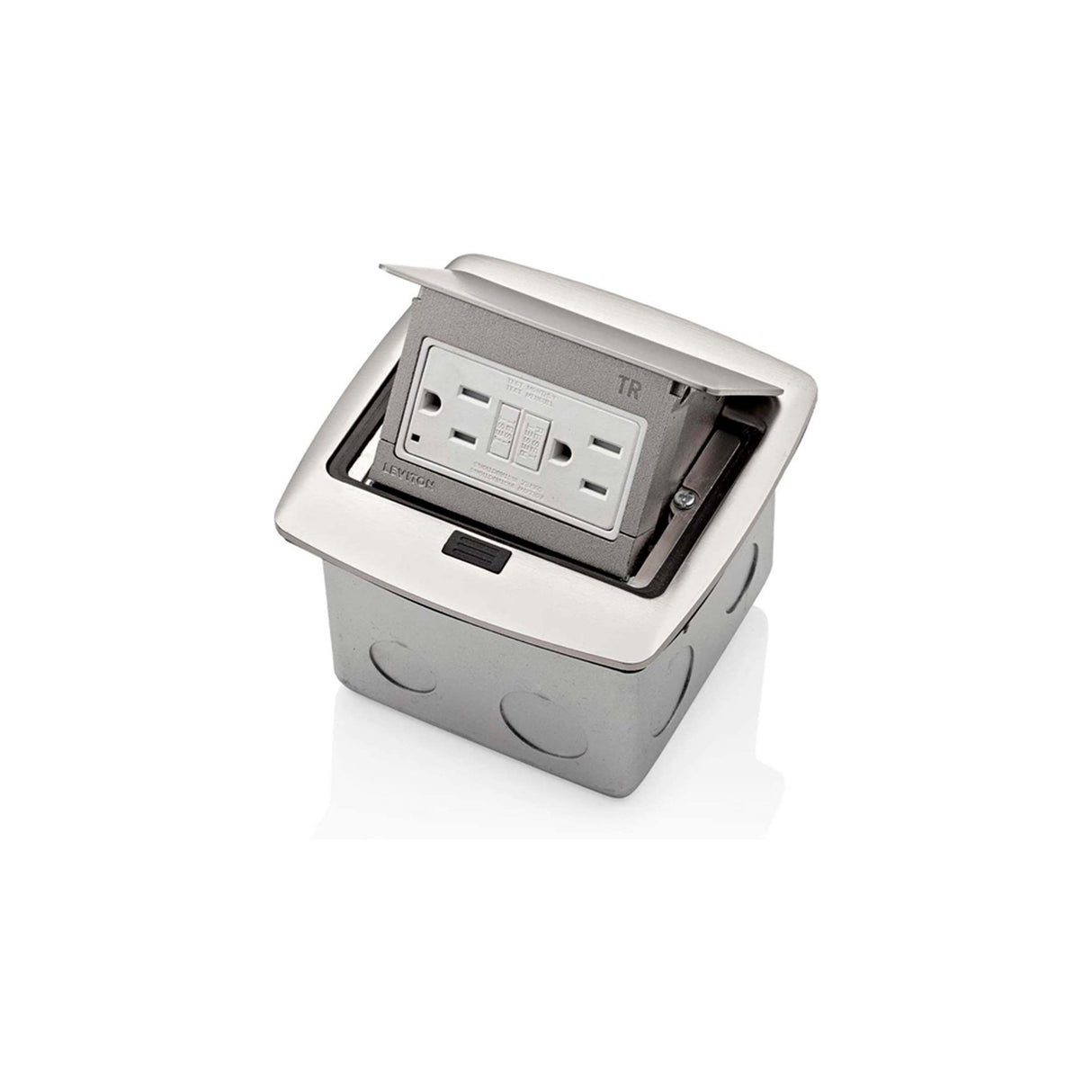 CAJA PARA PISO EMERGENTE 15A. SALIDA GFCI AUTOPRUEBA RESISTENTE A MANIPULACIONES NEGRO LEVITON