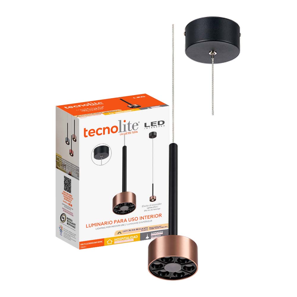 LAMPARA COLGANTE LED METAL 1.5M 9W LUZ CALIDA BRILLANTE IRC90 NO ATENUABLE NGO CAFE
