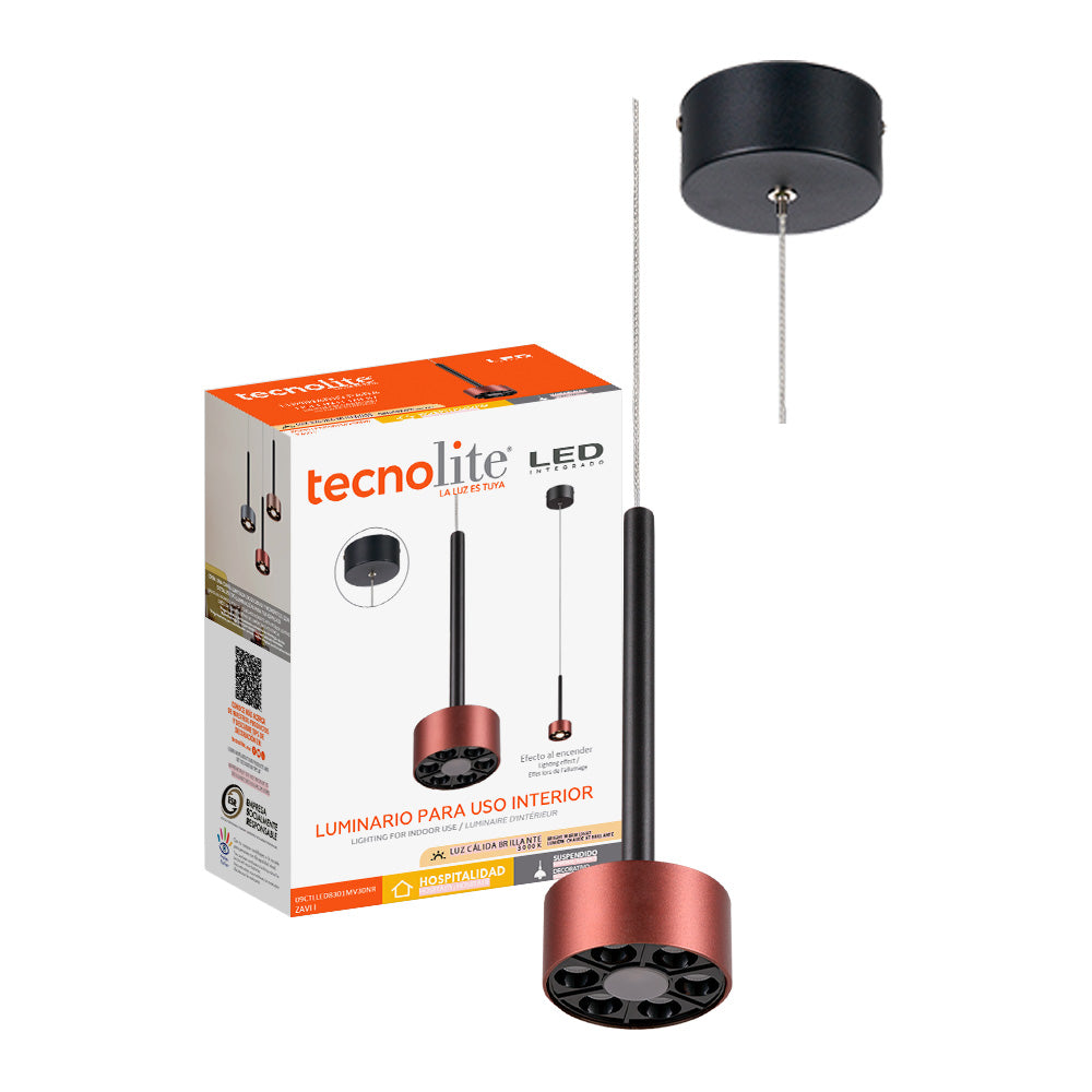LAMPARA COLGANTE LED METAL 1.5M 9W LUZ CALIDA BRILLANTE IRC90 NO ATENUABLE NGO ROSA