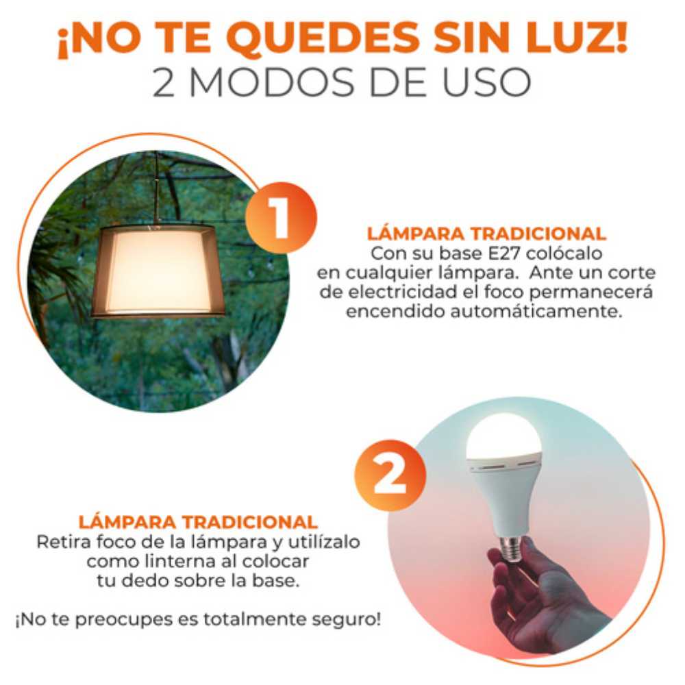 FOCO LED RECARGABLE DE 9W 09EMA19LED30MV TECNOLITE  CON LUZ CÁLIDA BRILLANTE