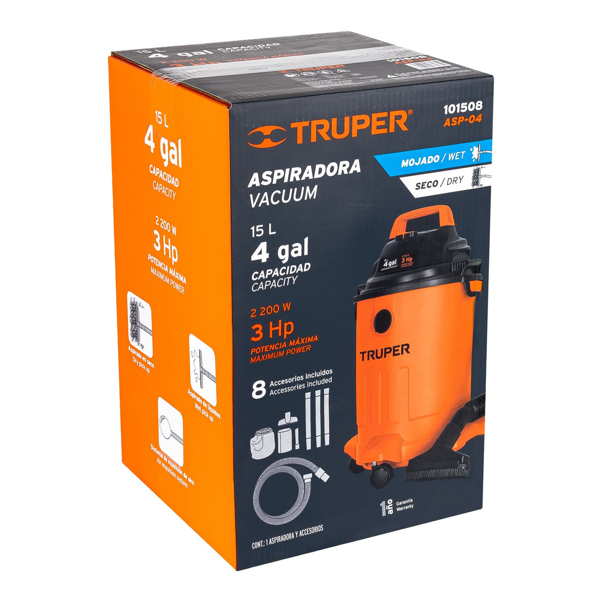 ASPIRADORA PLASTICA PARA LIQUIDOS Y SOLIDOS 15LTS. (5 GAL.) 3HP ASP-04 101508 TRUPER
