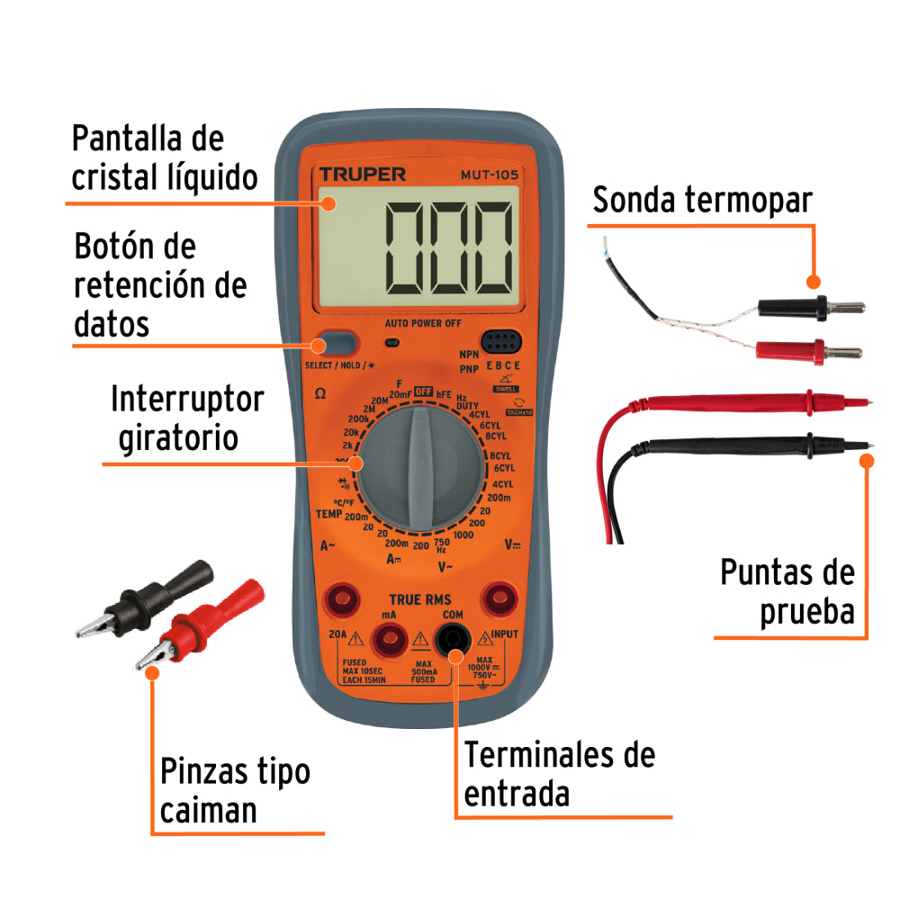 MULTIMETRO DIGITAL PARA MANTENIMIENTO AUTOMOTRIZ CON RMS VERDADERO MUT-105 TRUPER