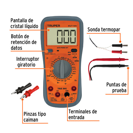 MULTIMETRO DIGITAL PARA MANTENIMIENTO AUTOMOTRIZ CON RMS VERDADERO MUT-105 TRUPER