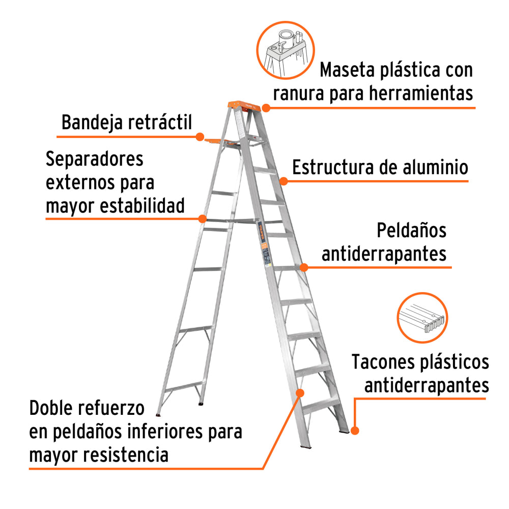 ESCALERA DE TIJERA TIPO II 9 ESCALONES CON BANDEJA EST-29 TRUPER CONSTRUCCION
