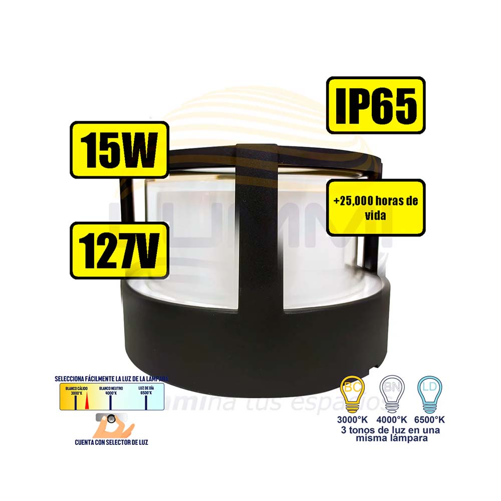 ARB LED 15W CIRCULAR BLANCO BASE DOBLE NEGRA LUZ LATERAL C/3 TONOS DE LUZ IP65 MUSTRI