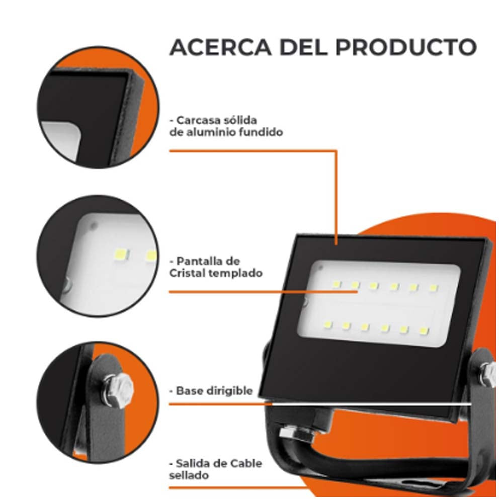 REFLECTOR LED PARA EXTERIOR 10W 100-240V 900LM 6500K NEGRO TECNOLITE