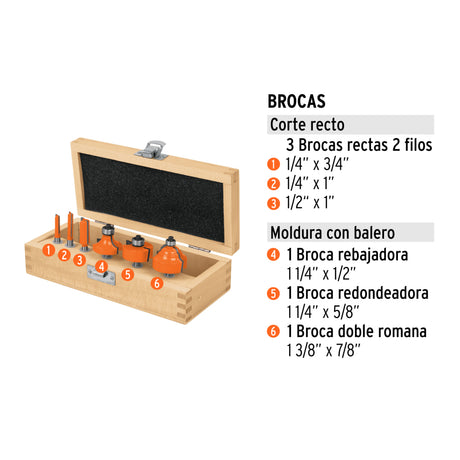 JUEGO DE BROCAS PARA ROUTER 6 PIEZAS TRUPER MECANICA