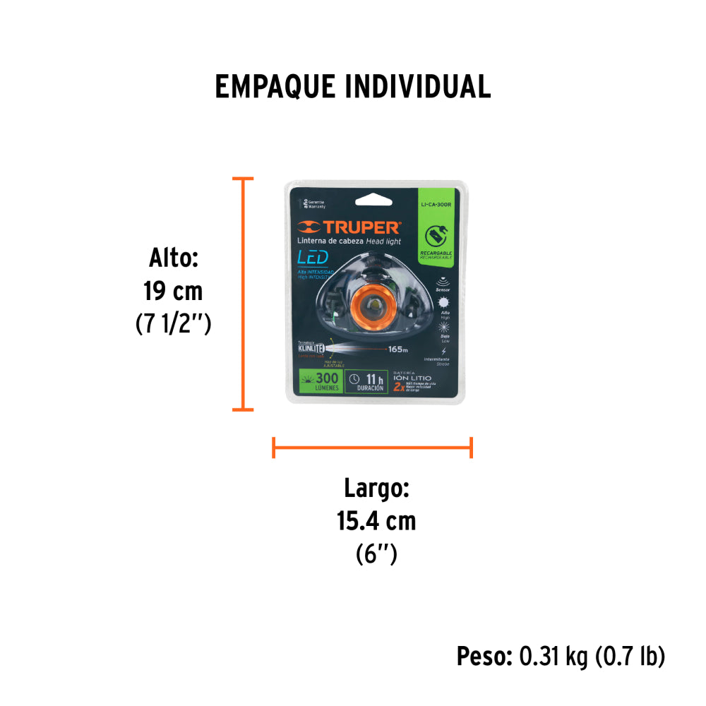 LINTERA DE MINERO RECARGABLE 300LM 8 HRS. 3 MODOS ILUMINACION LI-CA-300R 12890 TRUPER *** OFRECER LCR25 ***