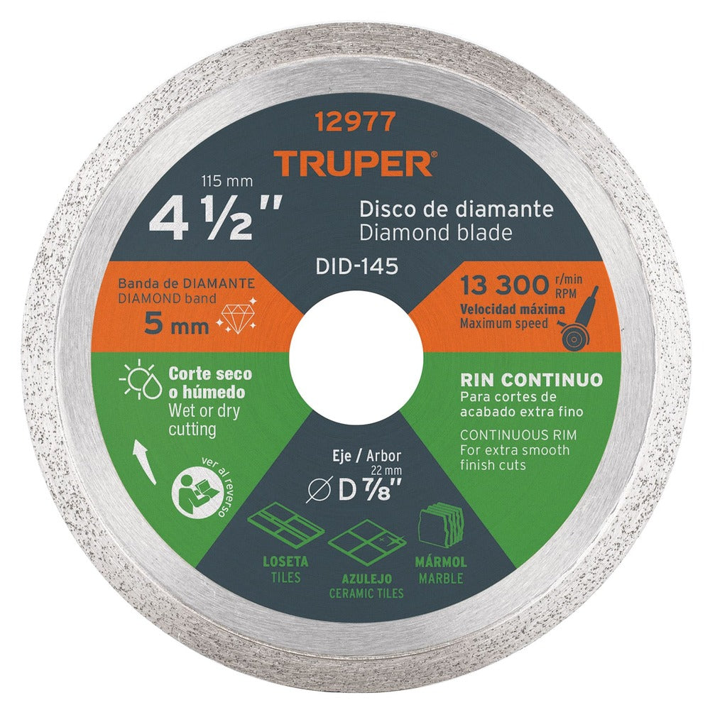DISCO DE DIAMANTE RIN CONTINUO 4-1/2" MCA TRUPER CONSTRUCCION *** OFRECER AUS-1502 ***