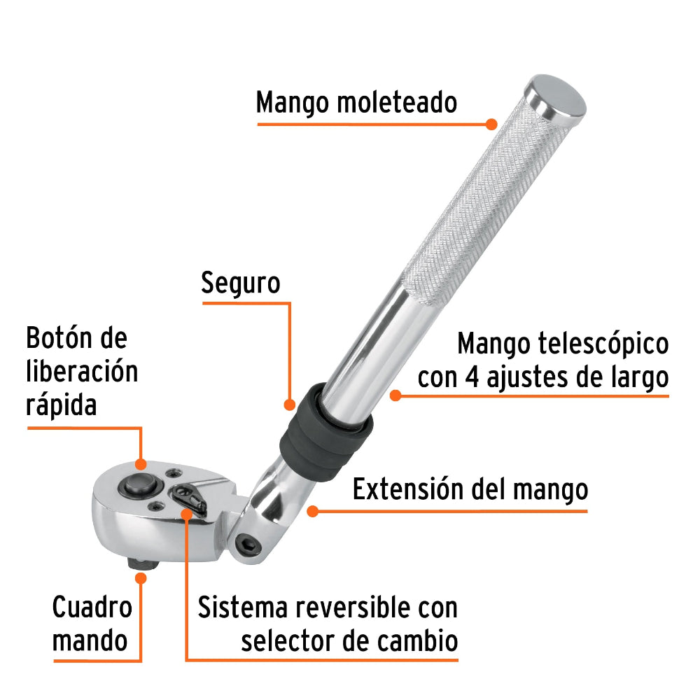 MATRACA TELESCOPICA LIBERACION RAPIDA CUADRO 3/8" CABEZA ARTICULADA M-3890 13219 TRUPER