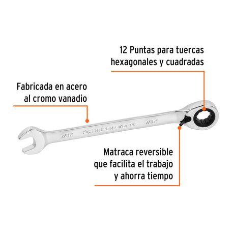 LLAVE COMBINADA MATRACA REVERSIBLE STD 7/16" 163MM. LL-2014XR 13429