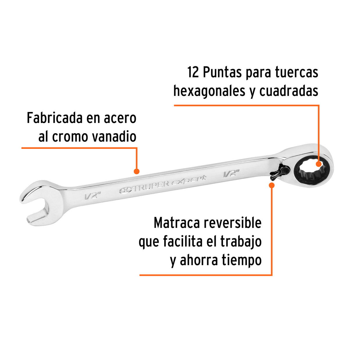 LLAVE COMBINADA MATRACA REVERSIBLE 1/2"X178 MM LARGO EXPERT LL-2016XR