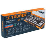 JUEGO DE 25 HERRAMIENTAS CUADRO 1/2' STD Y MM PARA MECANICO TRUPER