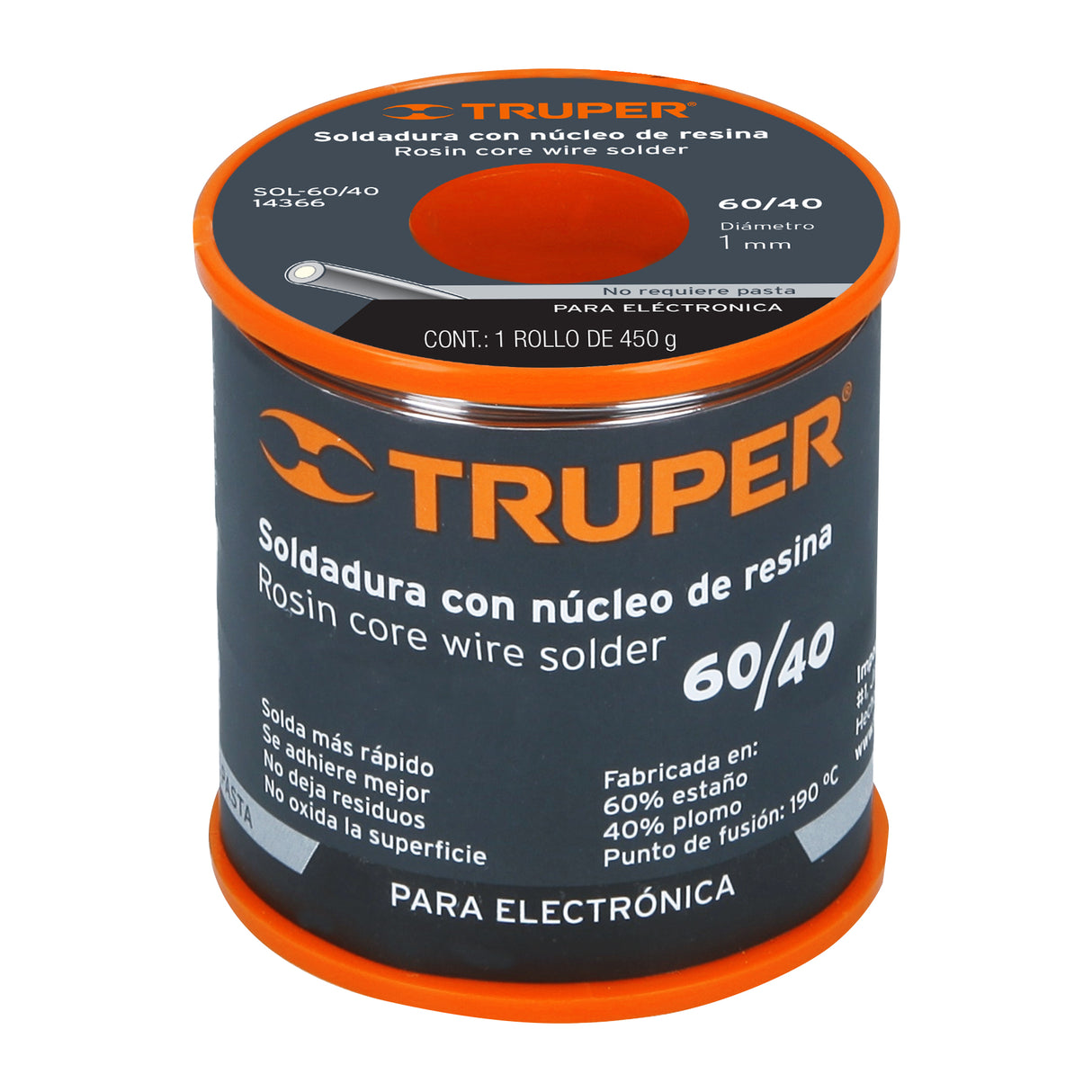 SOLDADURA CON NUCLEO RESINA 60/40 PARA ELECTRONICA 450 G MCA TRUPER CONSTRUCCION