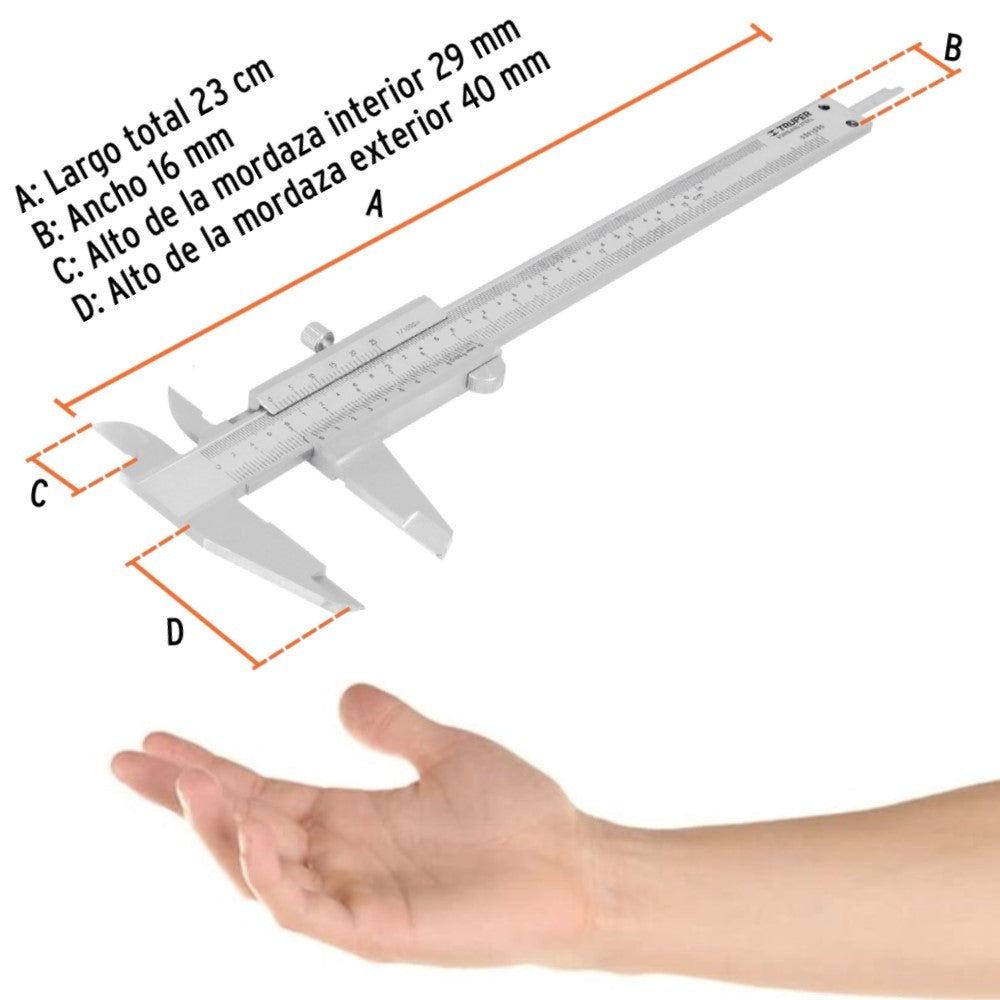 CALIBRADOR VERNIER ANALOGICO TOLERANCIA 0.002"/0.05MM. CAP. MIN. 0.001"/0.02MM. CAP. MAX. 6"/150MM. CAL-6MP 14394 TRUPER