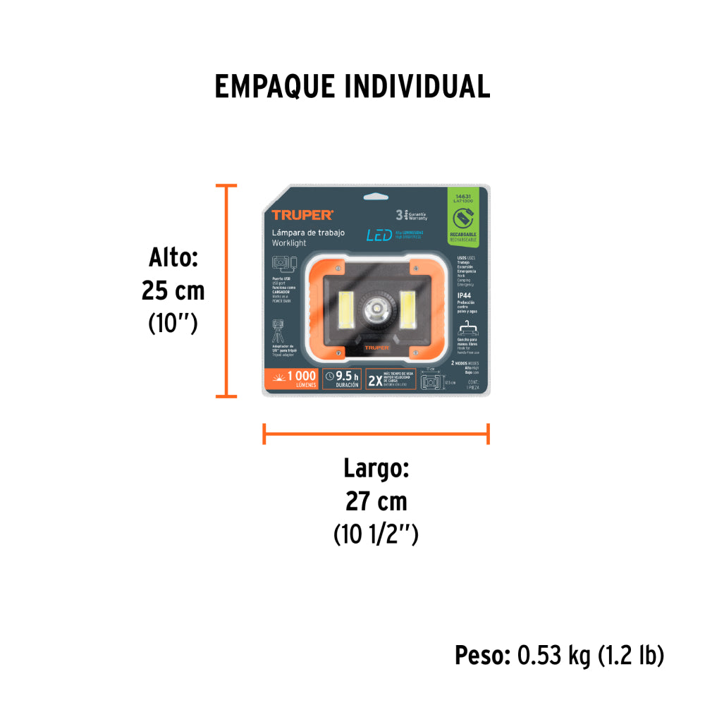 LAMPARA DE TRABAJO LED RECARGABLE PILA ION LITIO 3000MAH LAT-1300 14631 TRUPER