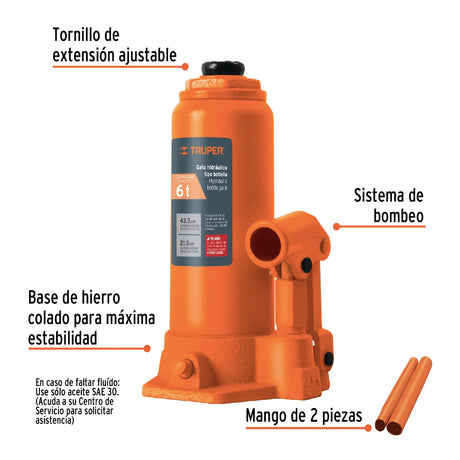 GATO BOTELLA 6 TON. ALT. MAX. 435MM/ALT. MIN. 215MM. INCL. MANGO EXTENSION 14814 GAT-6 TRUPER