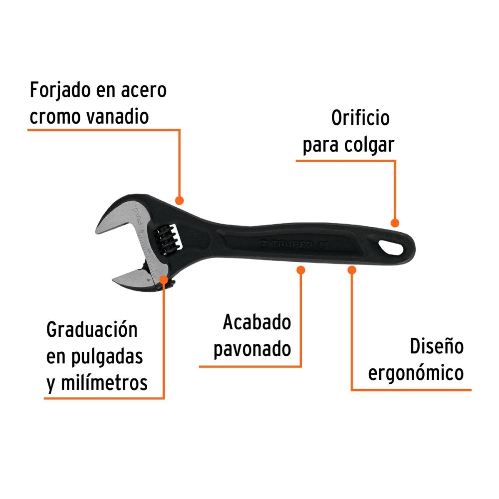 Llave ajustable, perico de 8 pulgadas, profesional pavonada, TRUPER ...