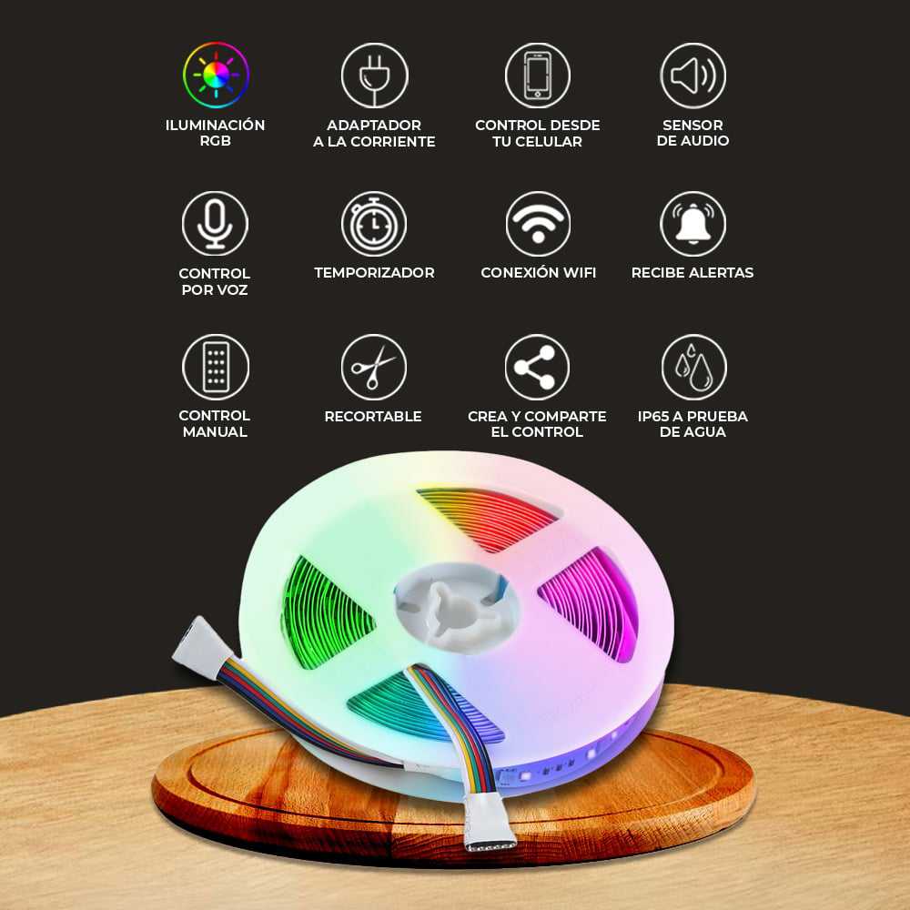 TIRA LED TECNOLITE 15W LUZ RGB Y BLANCA RESISTENTE A LA INTEMPERIE COMPATIBLE CON APP MÓVIL Y ASISTENTES DE VOZ
